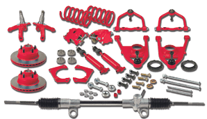 Red car suspension and brake components displayed.