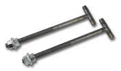 Two metal bolts with nuts attached.