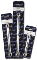 Three packaged metal turnbuckles in different sizes.