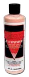 Red and white bottle with black cap.